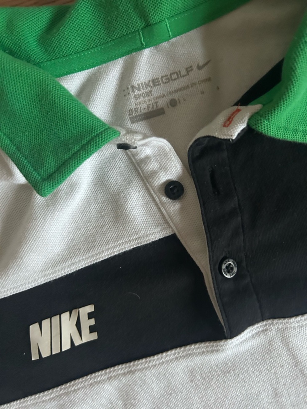 Nike White Polo with Black Chest Panel and Green Trim - Picture 2 of 2